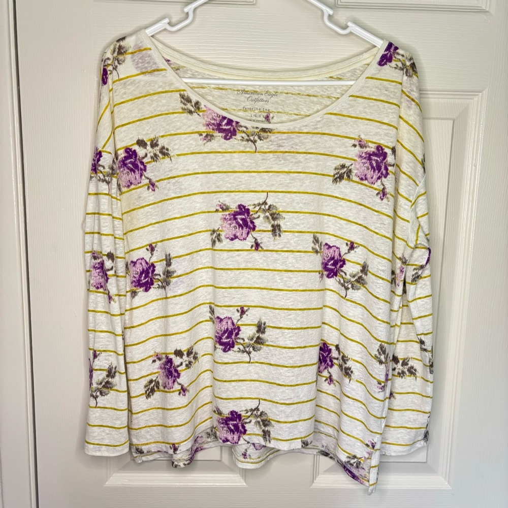 American Eagle Outfitters Favorite Tee Purple Floral Green Stripes Loose Size L